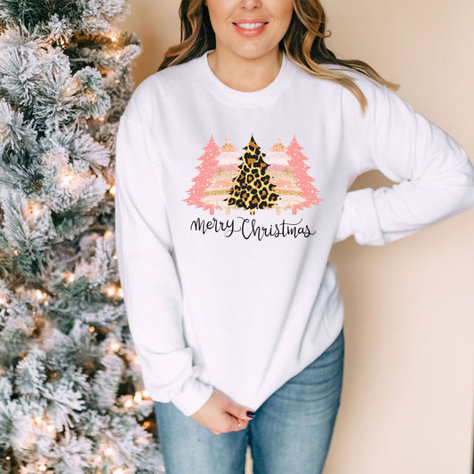 Merry Christmas Leopard and Pink Trees Crewneck and long sleeve