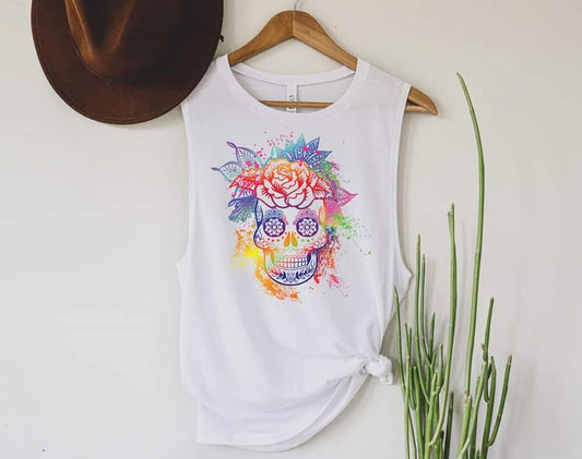 watercolor skull rainbow