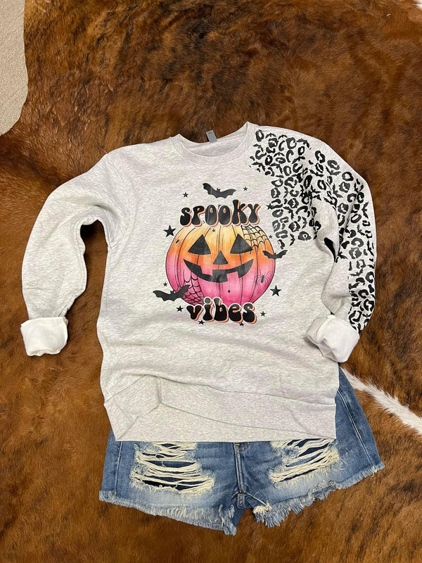 spooky vibes ombre pumpkin with bats and leopard sleeve